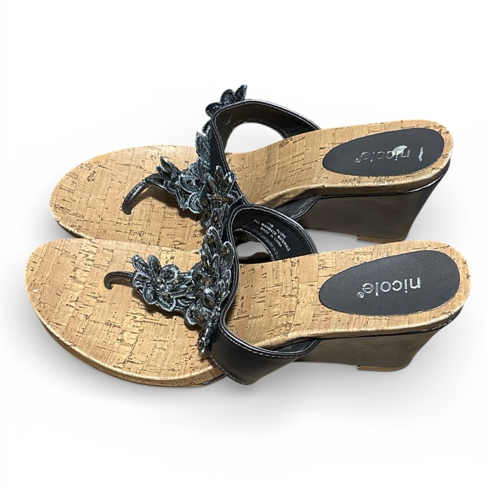 NICOLE Pewter Floral T-strap Wedge Sandals with a Cork Sole